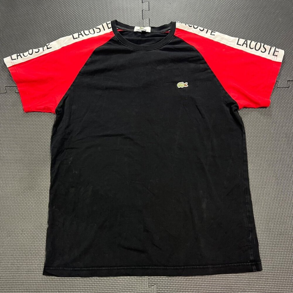 Lacoste Mens Black & Red Raglan T-Shirt With Logo & Printed Shoulders Size L